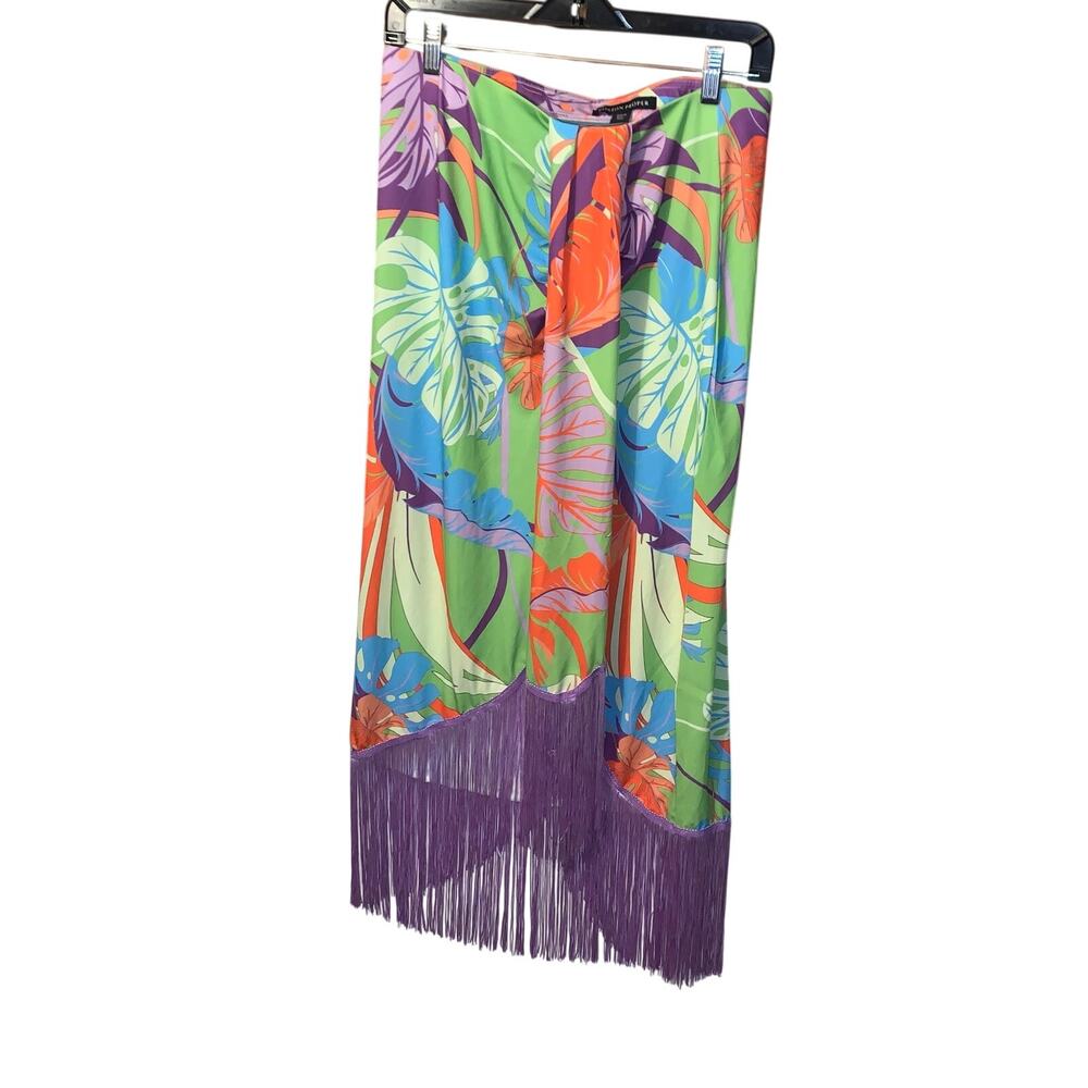 Boston Proper Cabo Leaves Print Fringe Skirt sz M - Picture 2 of 10